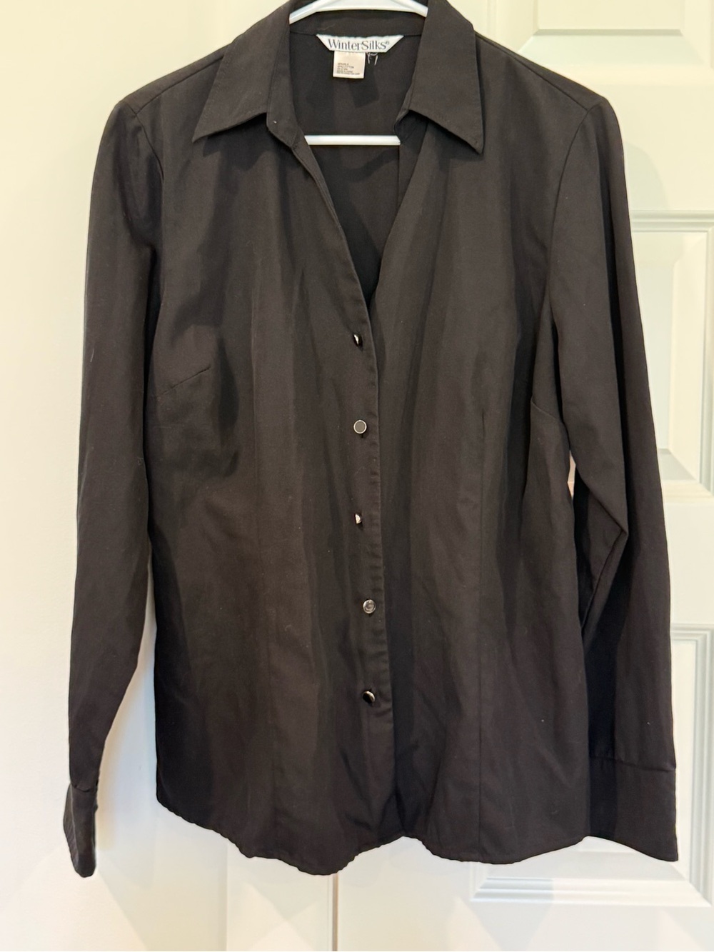 WinterSilks Black Long Sleeve Button-Up Shirt SILK AND COTTON BLEND
